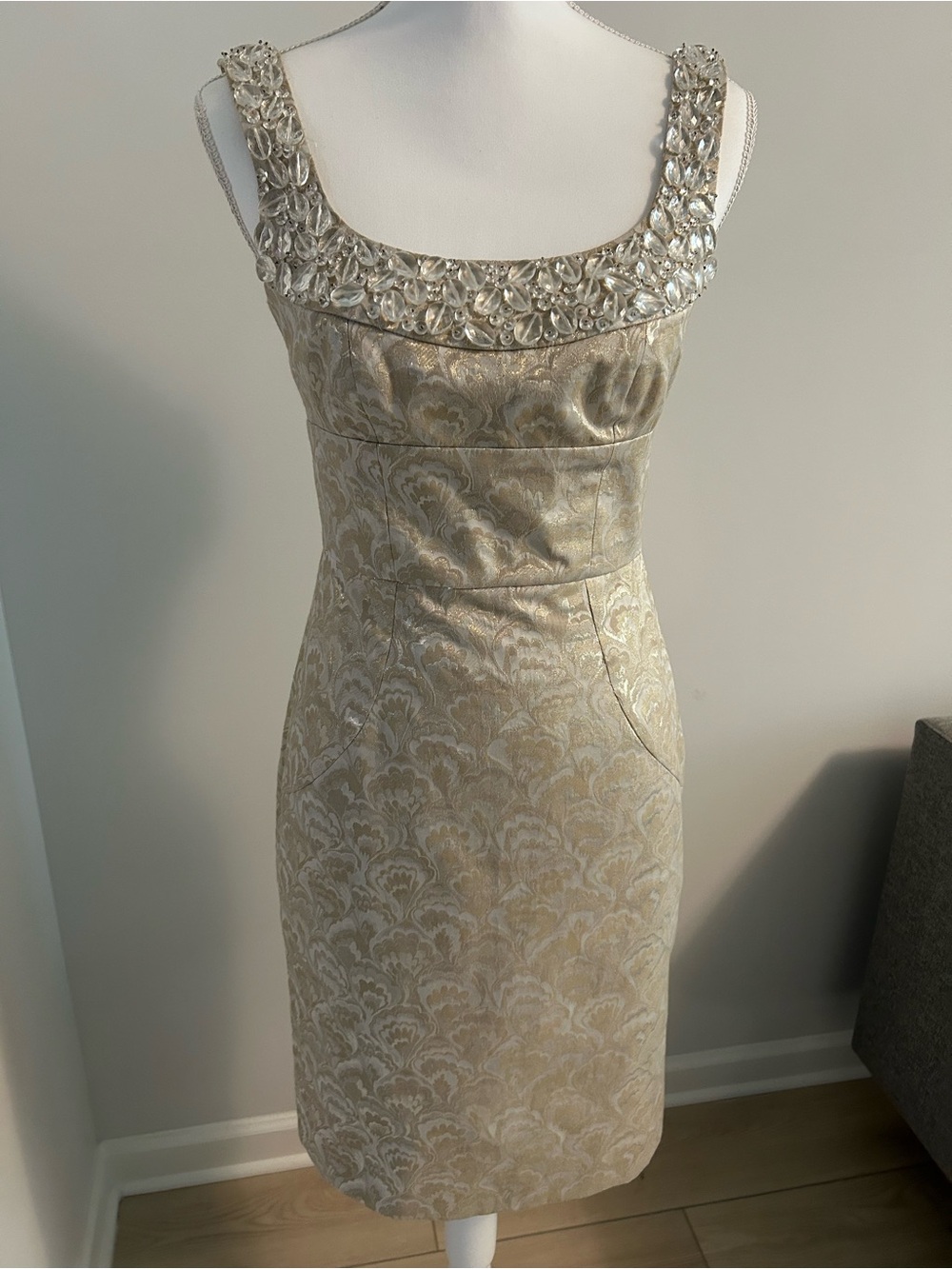Beaded brocade Square-Neck Sheath Dress in Champagne